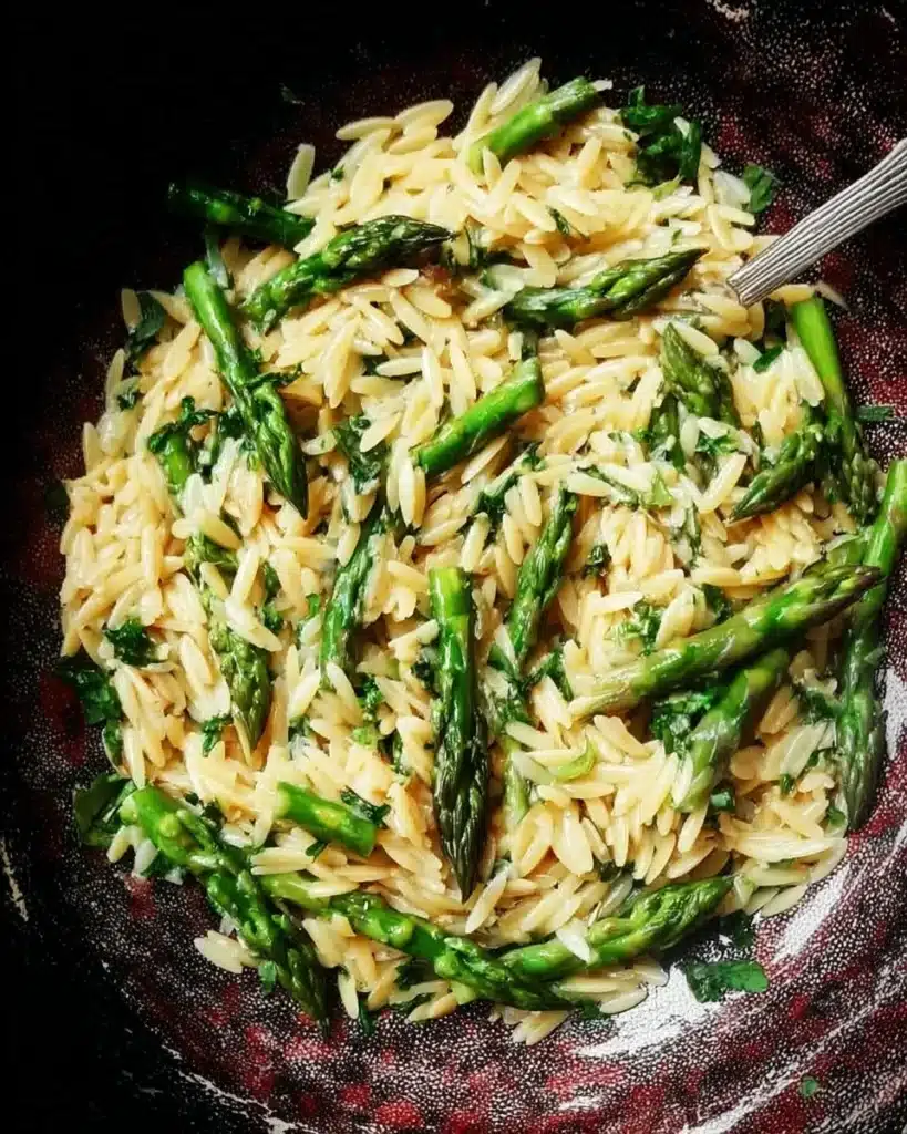 Delicious Orzo Pasta with Asparagus dish garnished with parmesan cheese