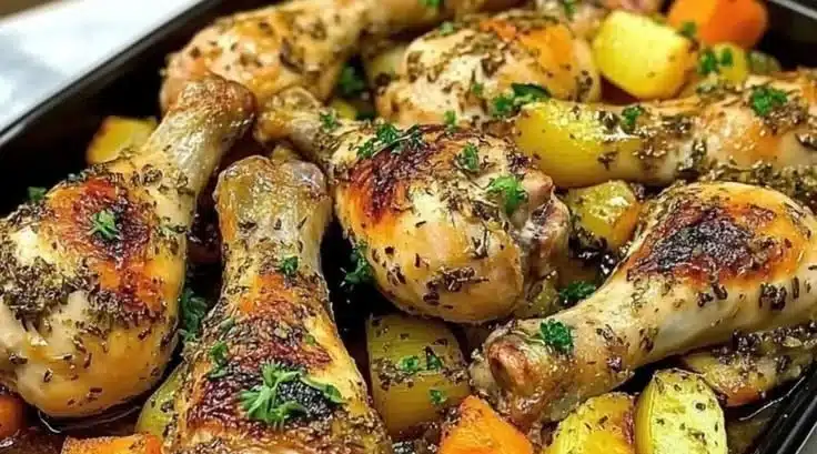 Oven baked herb chicken drumsticks served on a plate with herbs and spices.