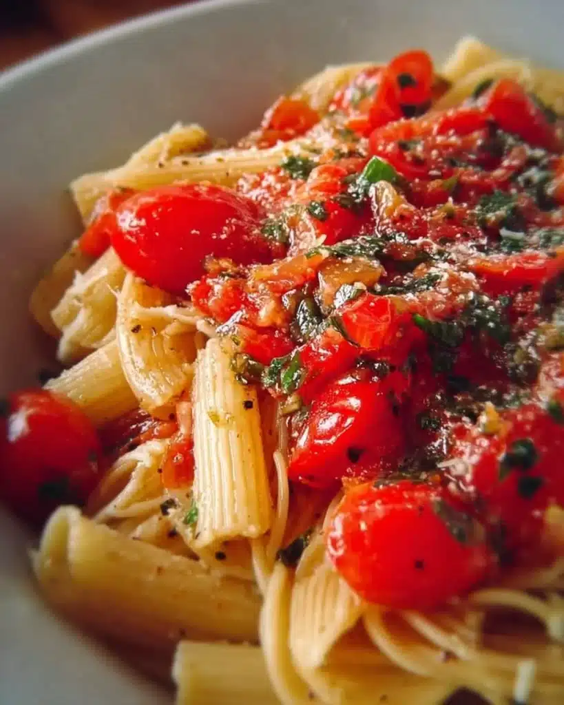 A bowl of Pasta alla Checca with fresh tomatoes and basil.