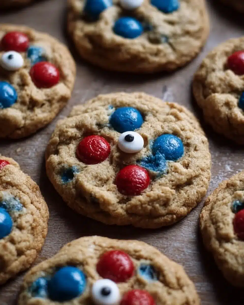 Patriotic monster cookies with red, white, and blue ingredients for celebrations.
