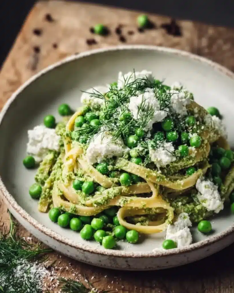 A bowl of creamy pea and ricotta pasta garnished with fresh herbs.
