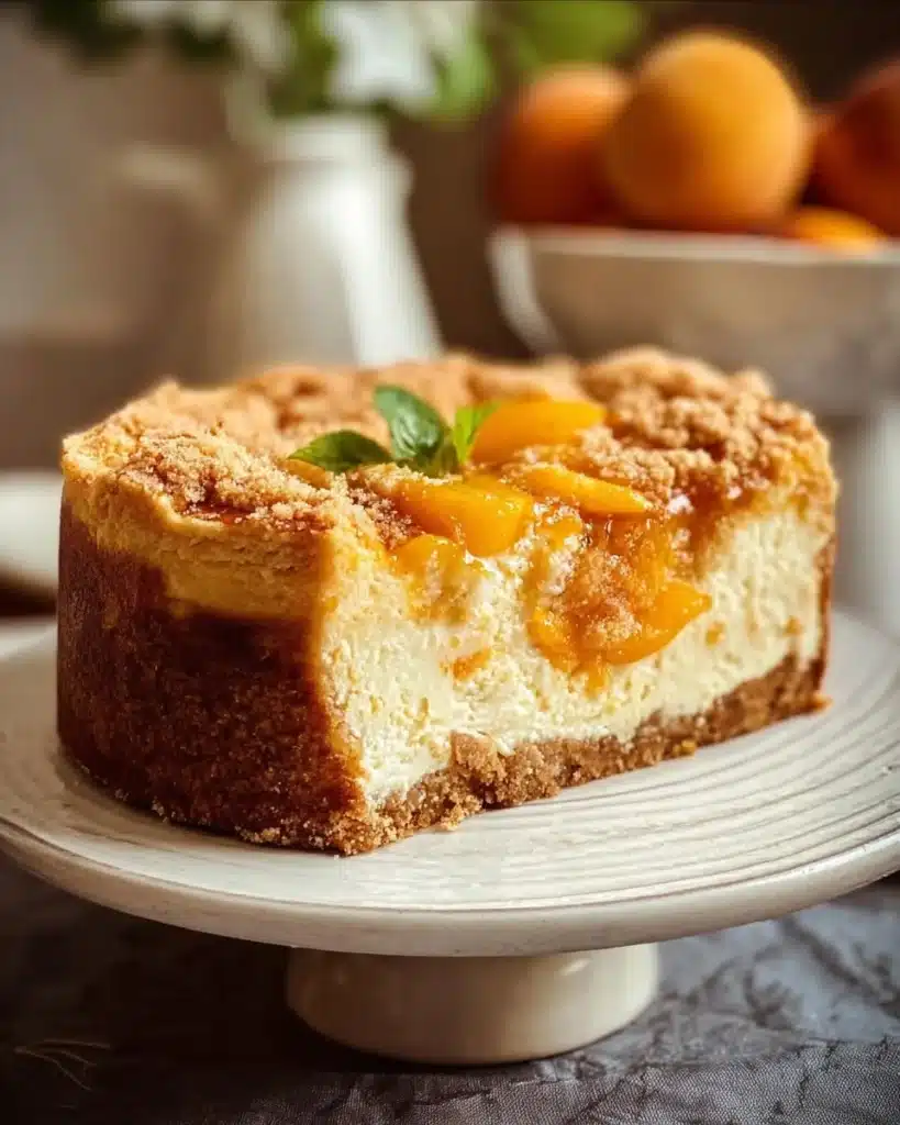 Delicious Peach Cobbler Cheesecake topped with fresh peaches and crumble.