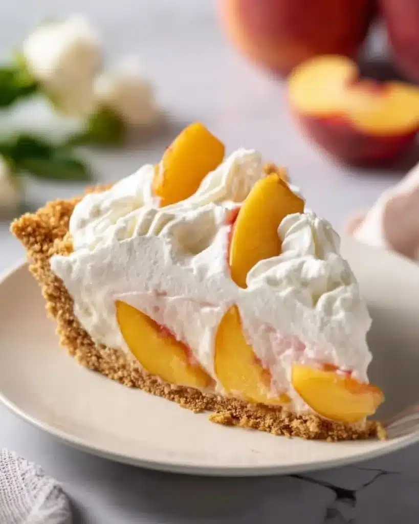 Delicious Peach Cool Whip Pie served in a colorful dish, perfect for summer desserts.