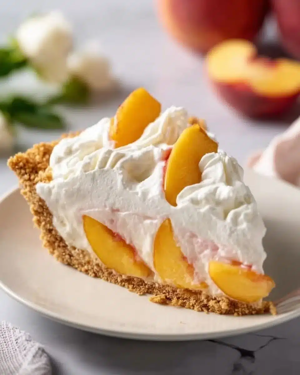 Delicious Peach Cool Whip Pie served in a colorful dish, perfect for summer desserts.