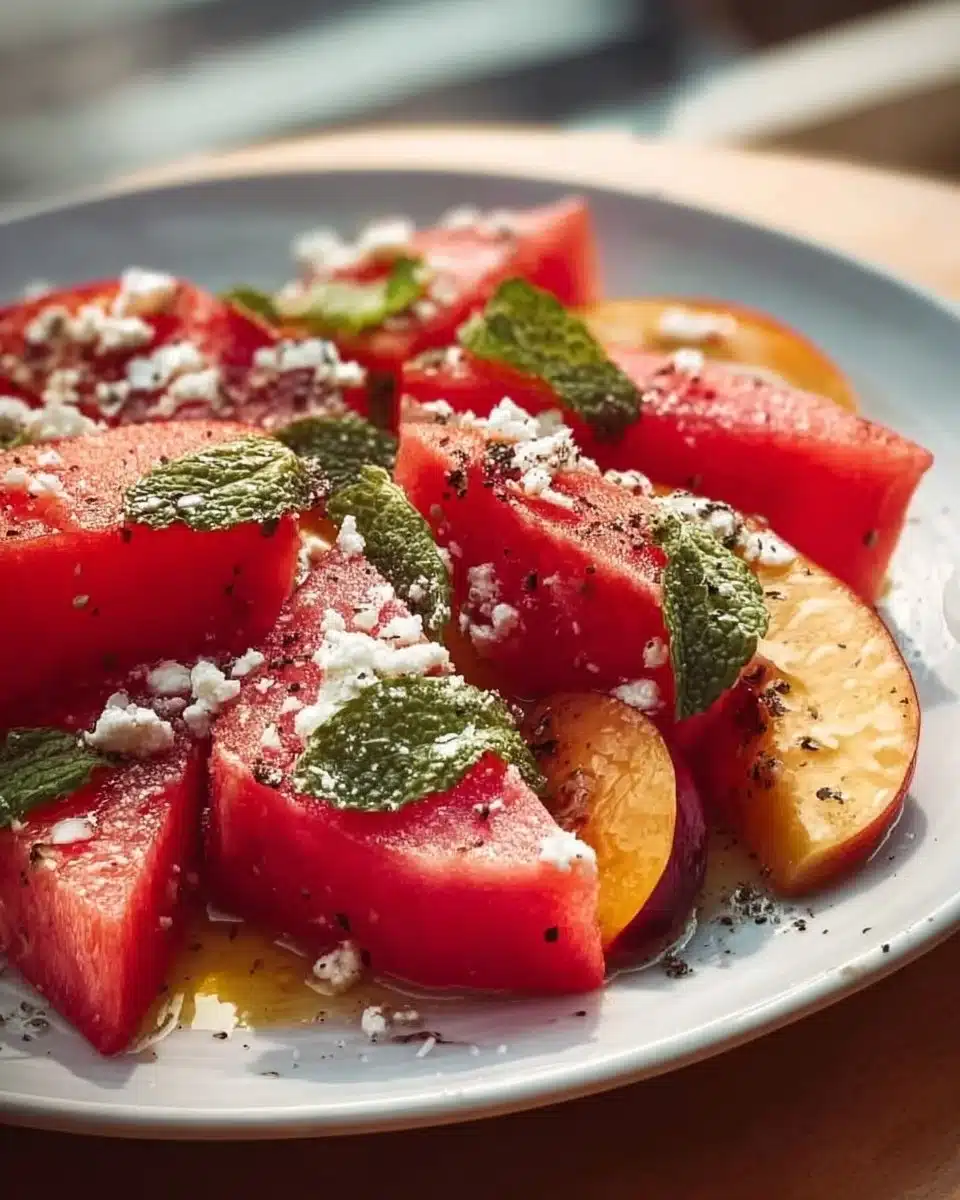 Colorful Peach Watermelon Salad with fresh fruits in a bowl