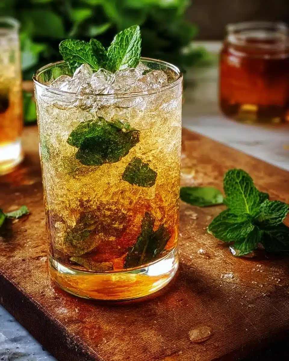 Refreshing Honey Mint Julep cocktail with mint leaves and honey garnish