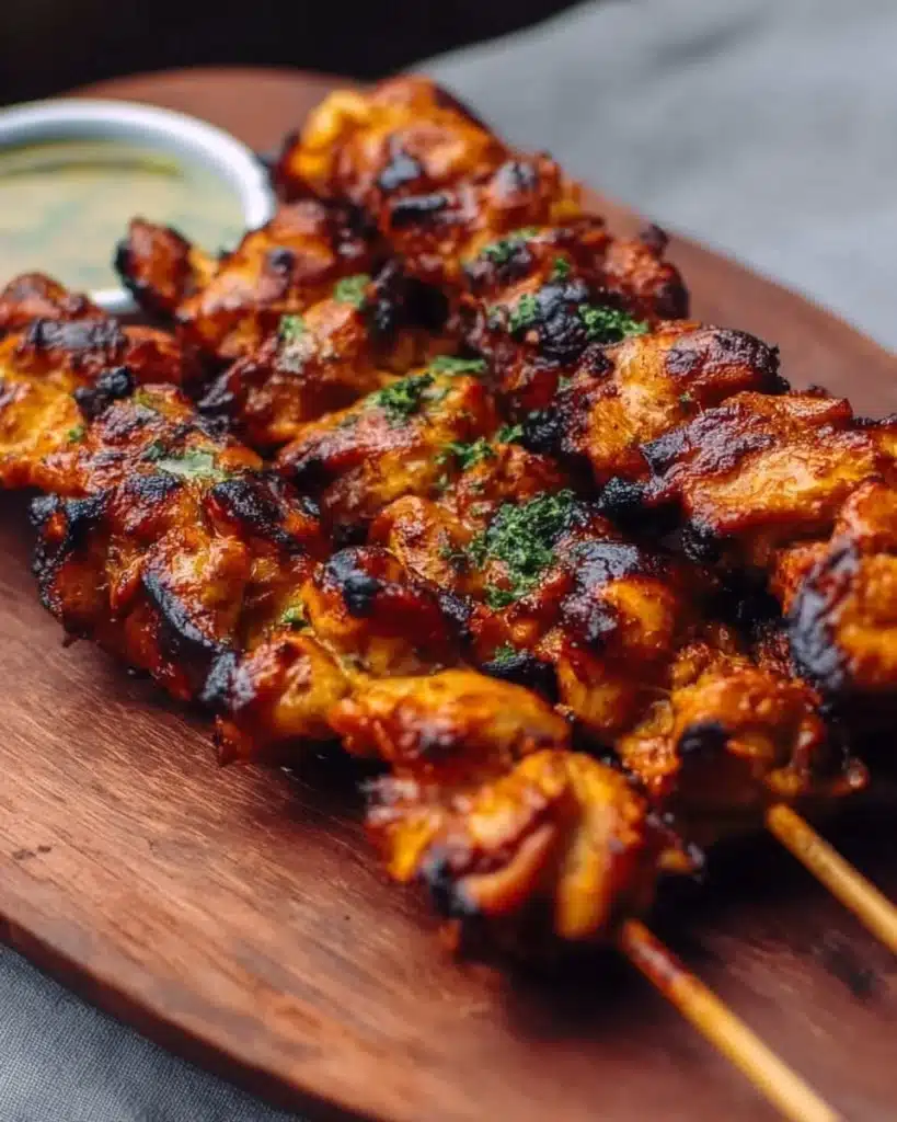 Delicious Peruvian chicken skewers grilled to perfection with vibrant spices.