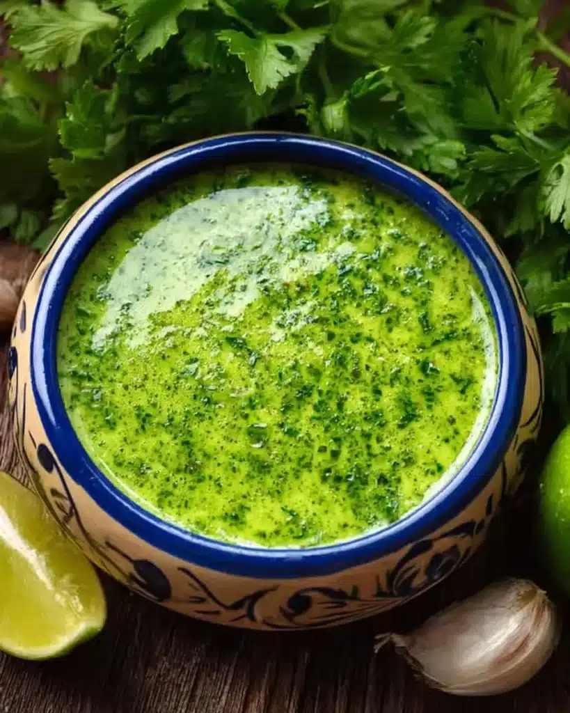 Peruvian green sauce served in a small bowl with fresh herbs and spices