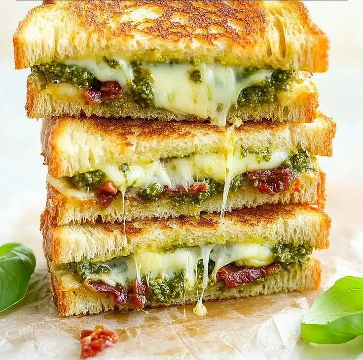 Delicious pesto grilled cheese sandwich with melted cheese and fresh basil pesto