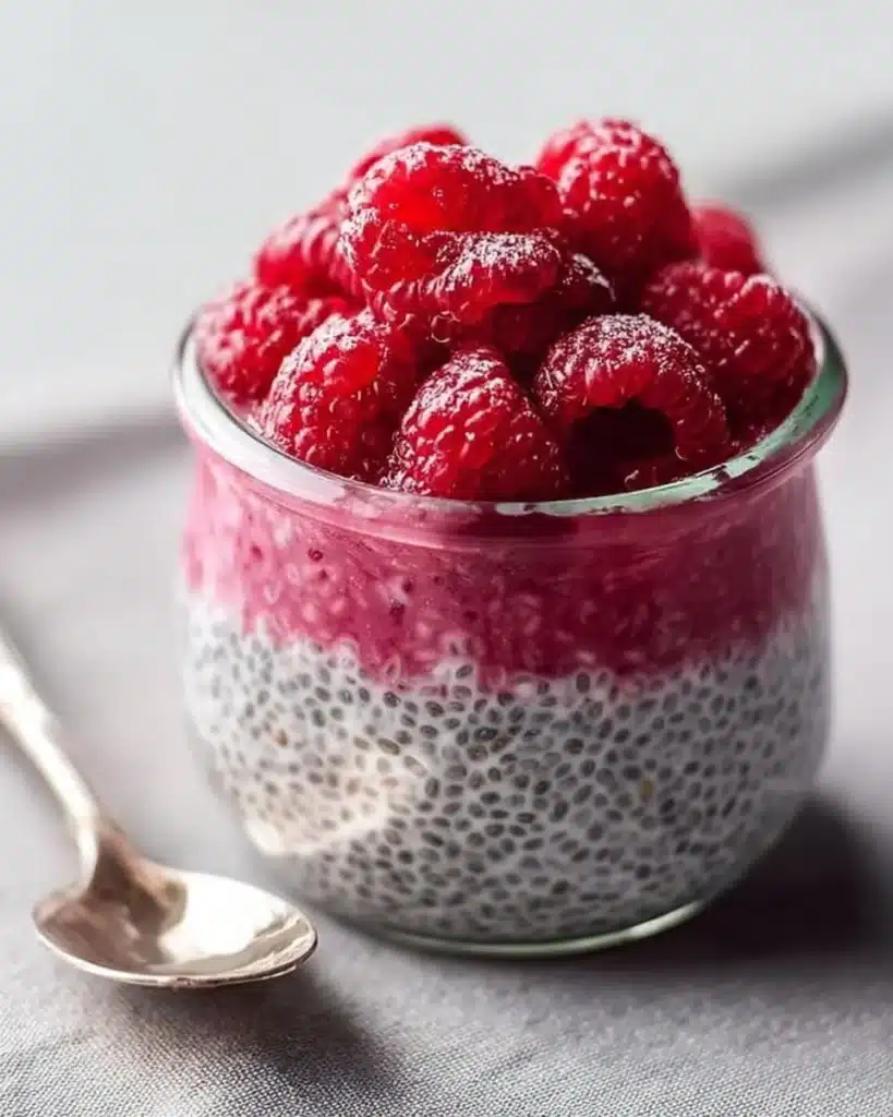 Raspberry chia pudding topped with fresh raspberries and drizzled with maple syrup