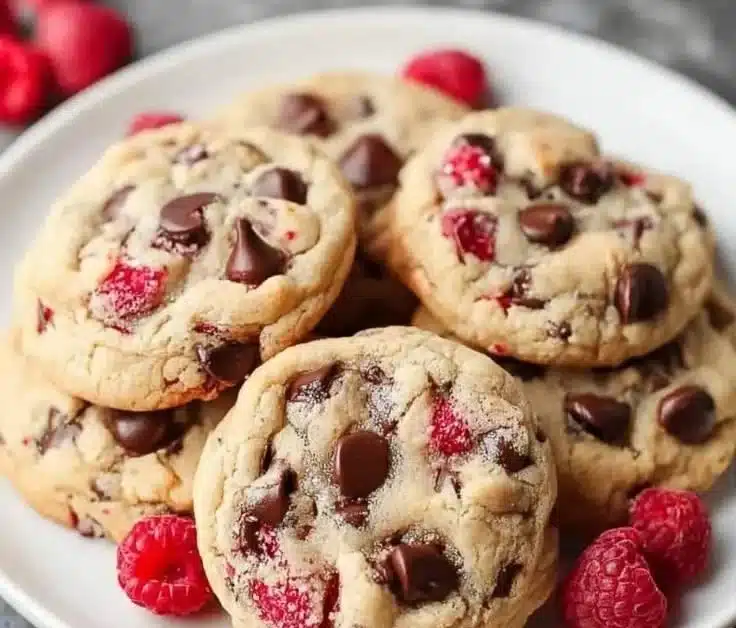Delicious Raspberry Chocolate Chip Cookies on a plate