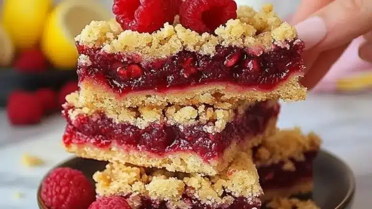 Delicious raspberry crumble dessert squares topped with buttery crumble.