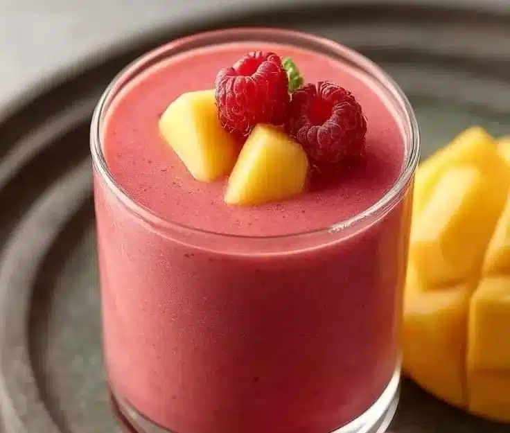 A delicious Raspberry Mango Smoothie served in a glass with fresh fruits.
