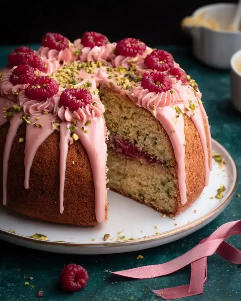 Raspberry Pistachio Cake with fresh raspberries and pistachios on a white plate
