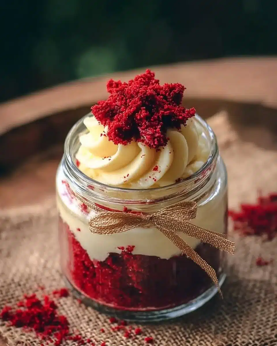 Delicious red velvet cake in a jar topped with cream cheese frosting.