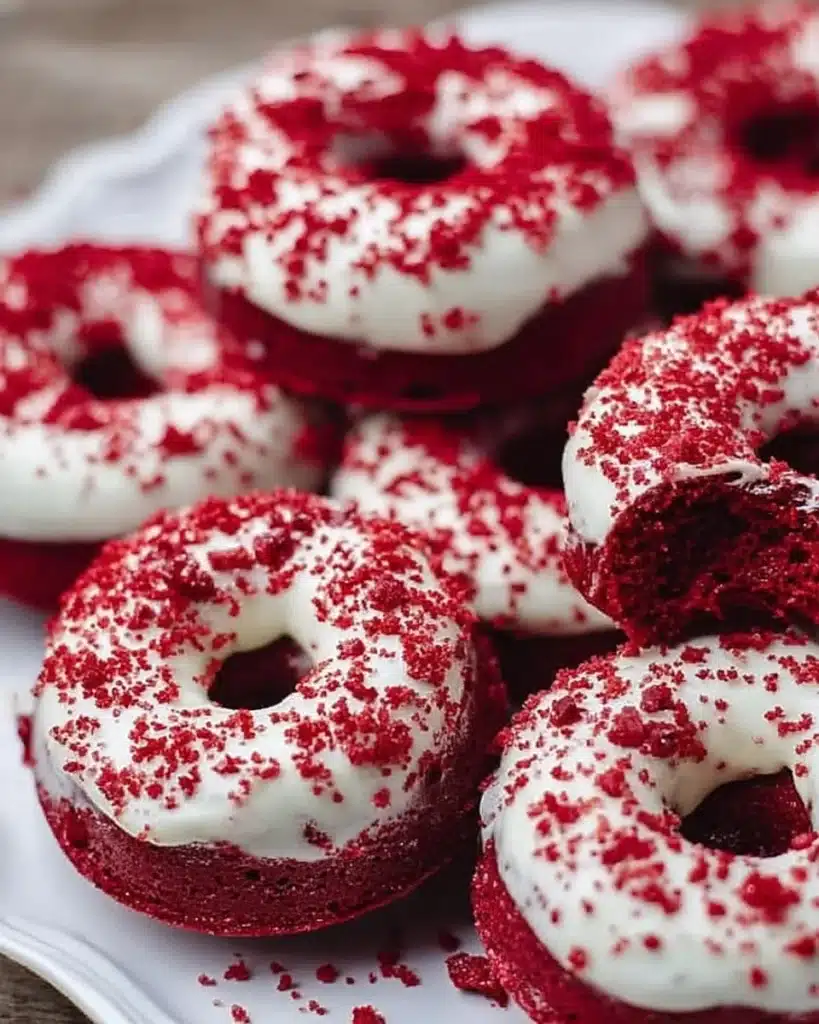 Delicious red velvet donuts with cream cheese icing on a white plate