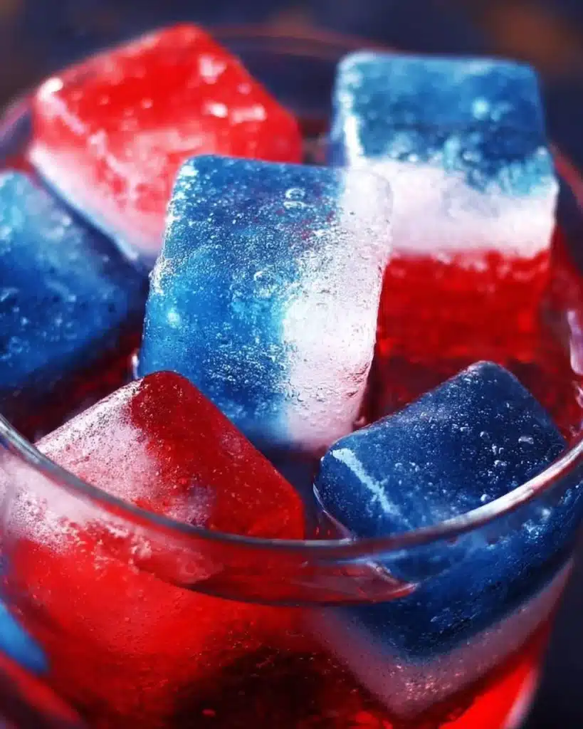 Colorful red, white, and blue ice cubes for festive drinks.