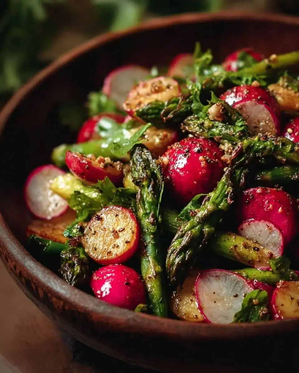 Delicious roasted asparagus and radish salad served in a bowl