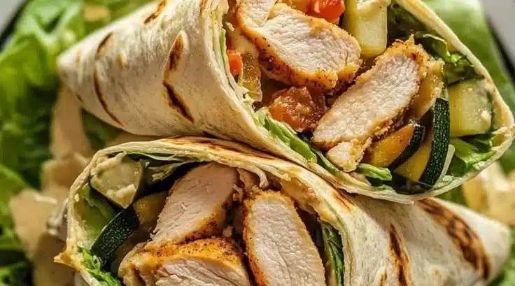 Roasted chicken veggie wrap with fresh vegetables and herbs wrapped in a tortilla