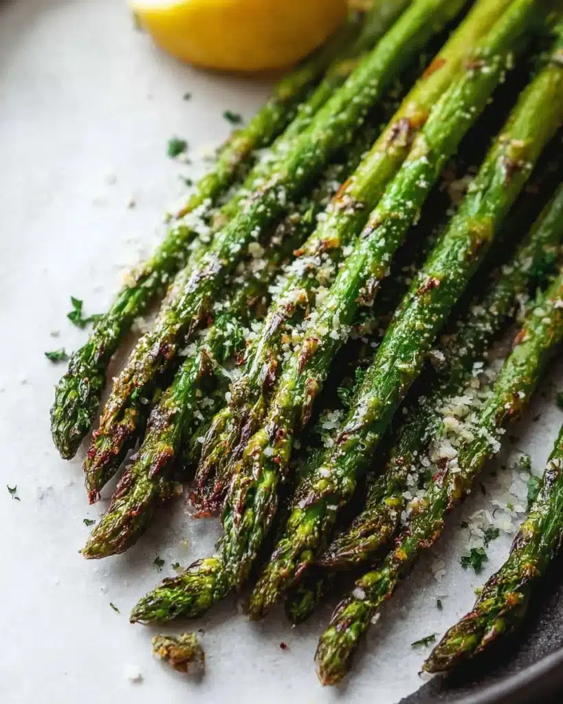 Plate of roasted asparagus sprinkled with Parmesan cheese.