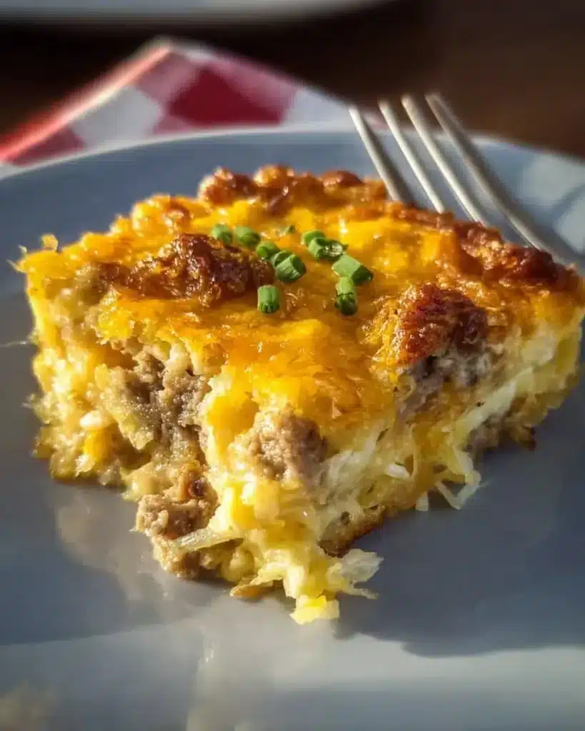 Sausage Hash Brown Casserole with crispy hash browns and savory sausage
