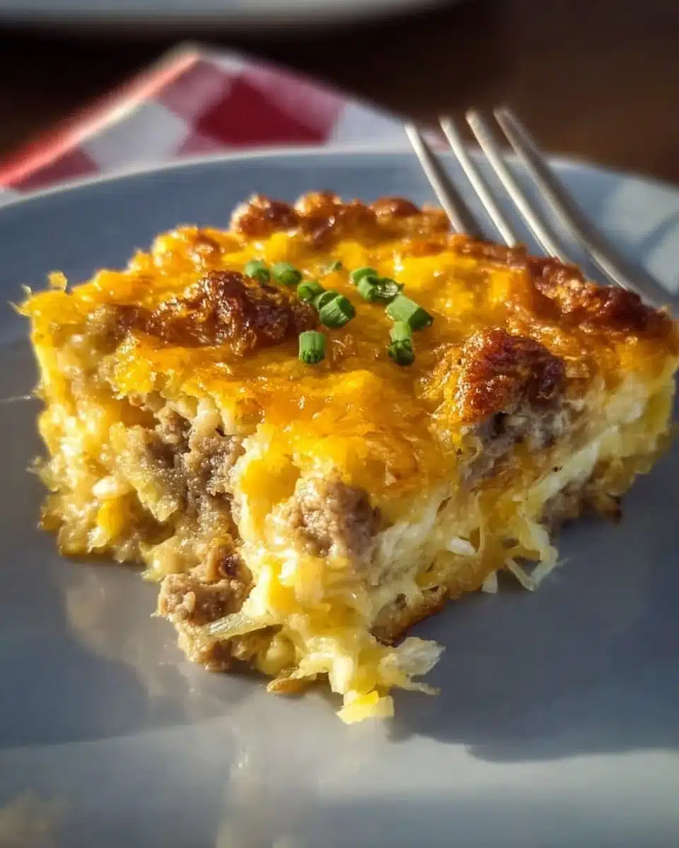 Sausage Hash Brown Casserole with crispy hash browns and savory sausage