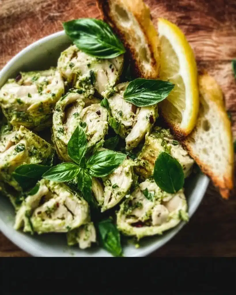 Bowl of simple pesto chicken salad with three ingredients