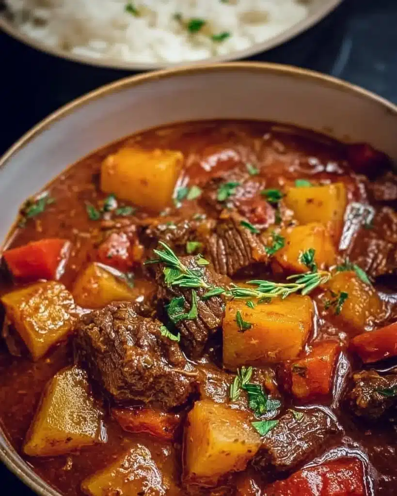 Delicious slow cooker beef stew served in a rustic bowl with herbs and vegetables.