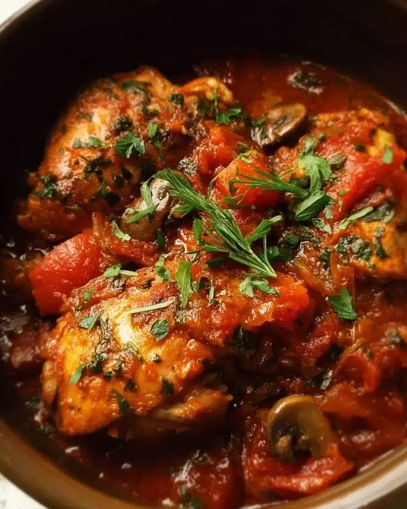 Slow Cooker Chicken Cacciatore served with vegetables in a rustic bowl