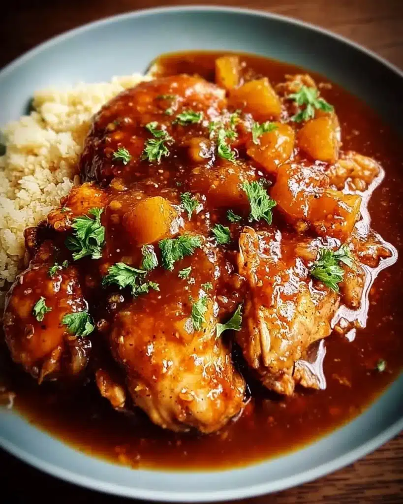 Slow cooker peach BBQ sauce chicken served on a plate with garnishes.