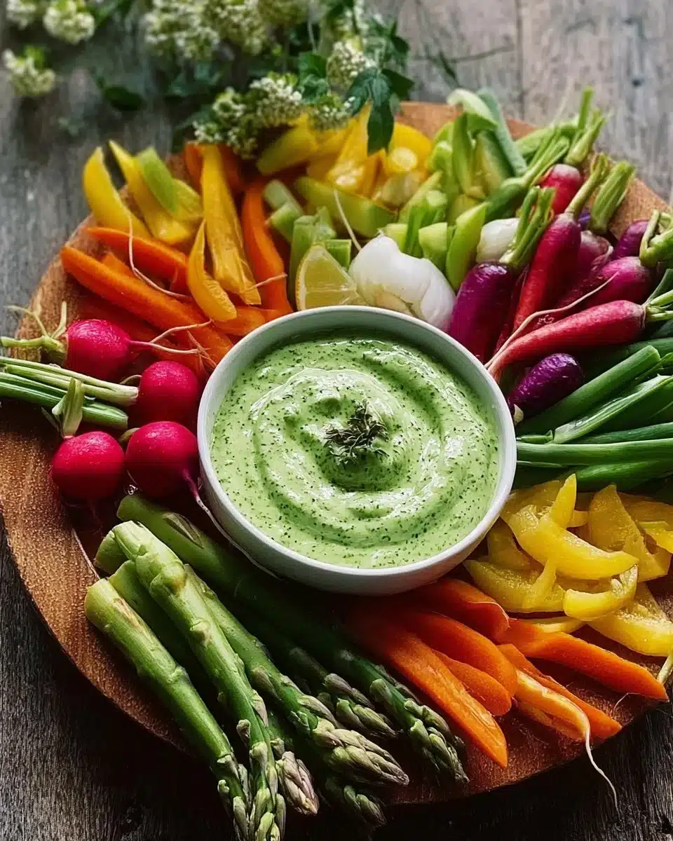 Spring Crudite Platter with fresh vegetables and Green Goddess Dip