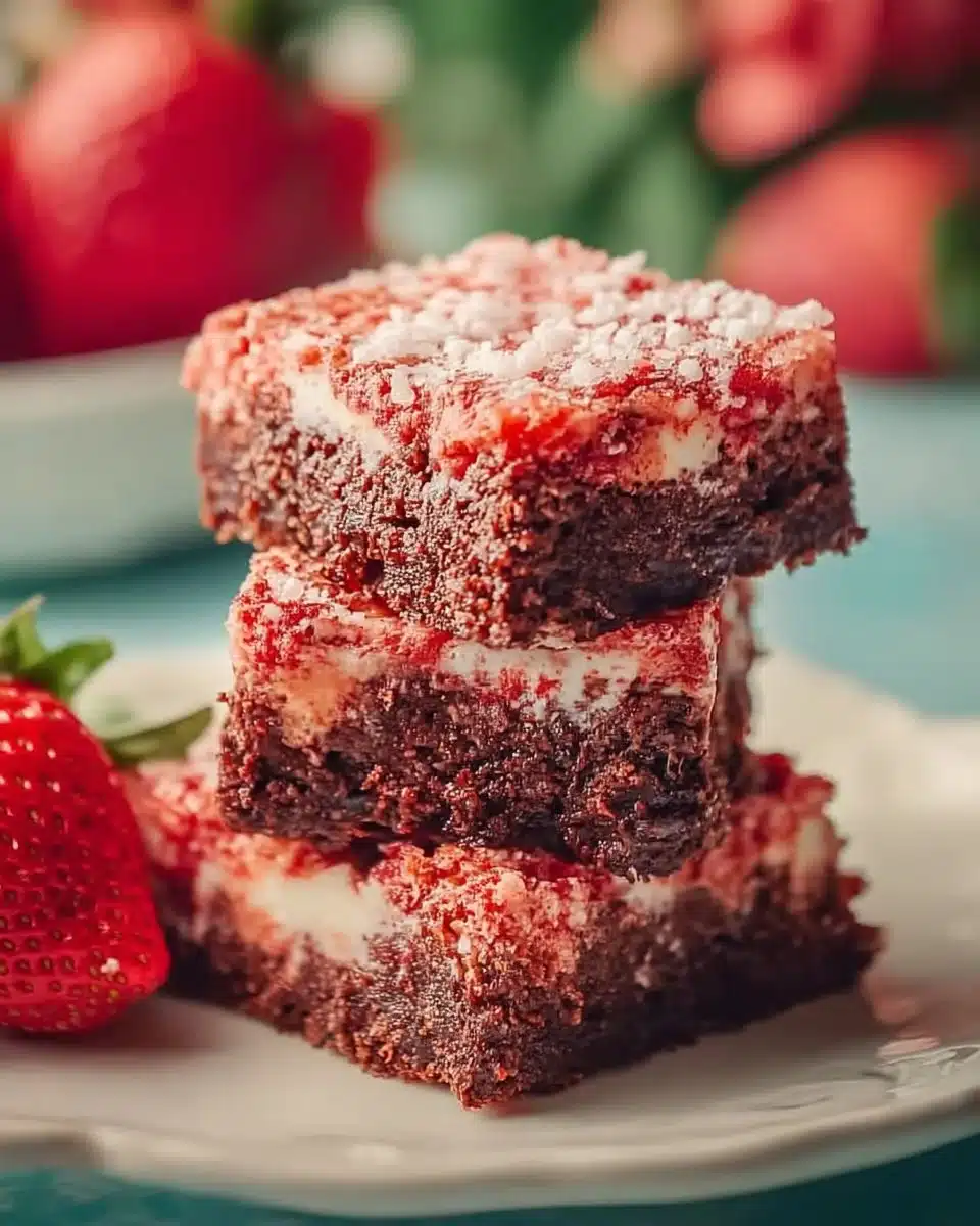 Delicious strawberry brownies topped with fresh strawberries and creamy chocolate.