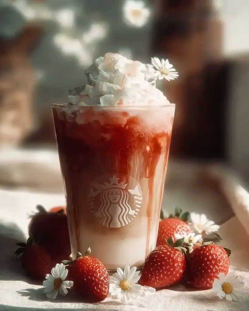 Glass of Strawberry Cold Foam Coffee topped with frothy foam and fresh strawberries
