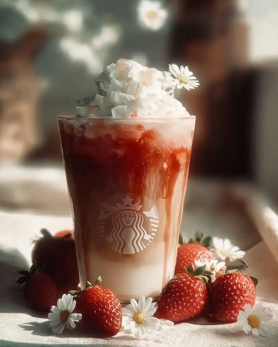 Glass of Strawberry Cold Foam Coffee topped with frothy foam and fresh strawberries