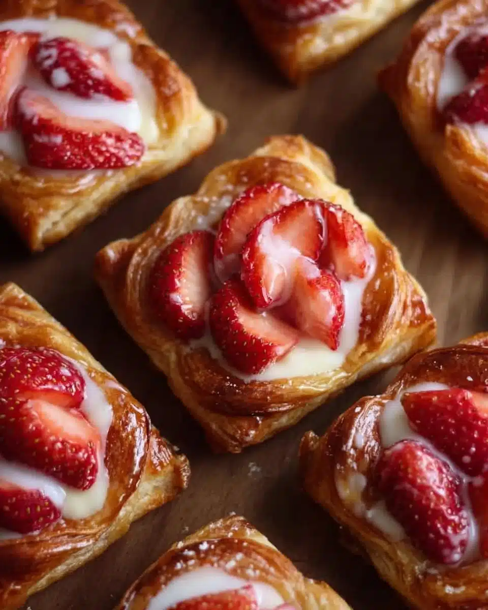 Freshly baked Strawberry Danishes with flaky pastry and strawberry filling