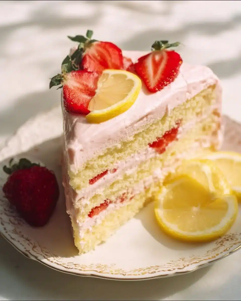 Homemade Strawberry Lemon Layer Cake with fresh strawberries and lemon icing