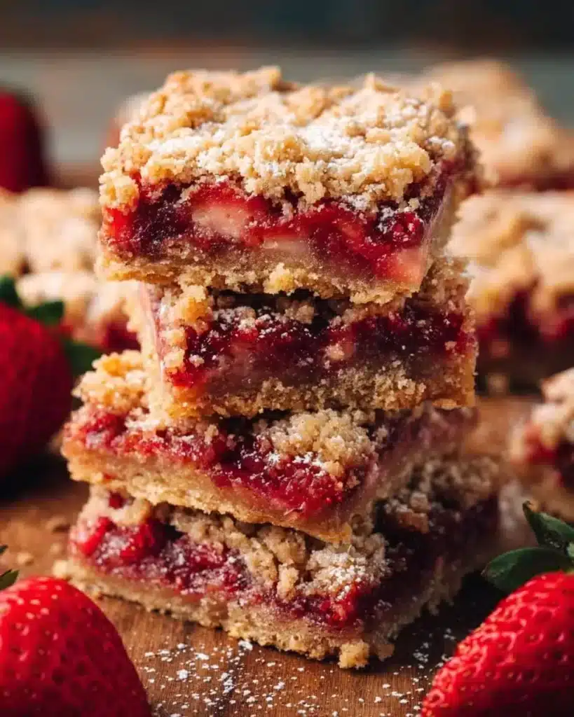 Delicious Strawberry Oatmeal Crumble Bars on a wooden table.