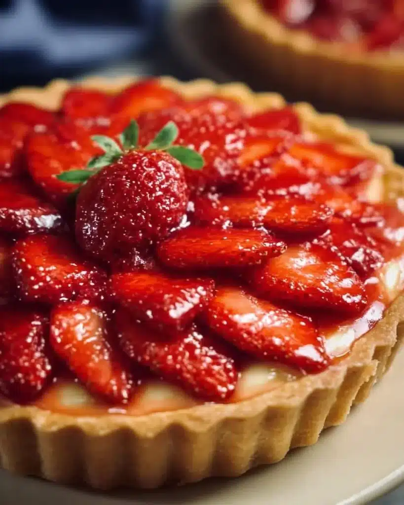 A delectable strawberry tart topped with fresh strawberries and cream.