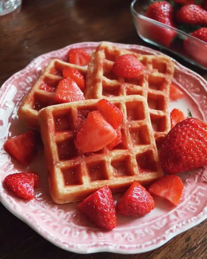 Delicious homemade strawberry waffles served with fresh berries and syrup