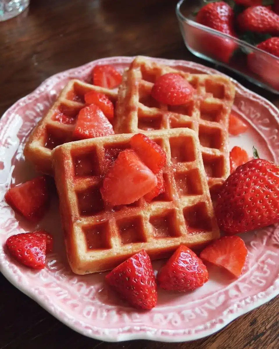 Delicious homemade strawberry waffles served with fresh berries and syrup