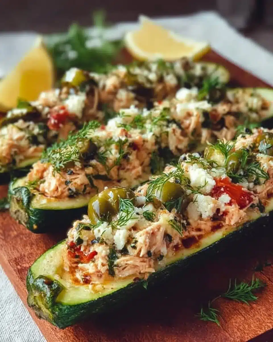 Stuffed zucchini boats filled with chicken and vegetables