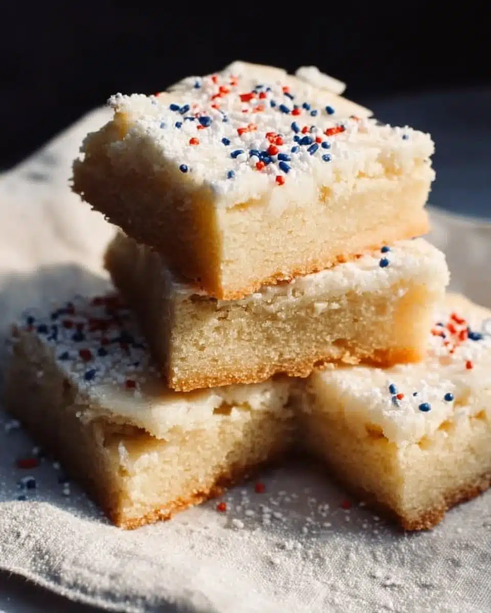 Delicious homemade sugar cookie bars topped with icing and sprinkles