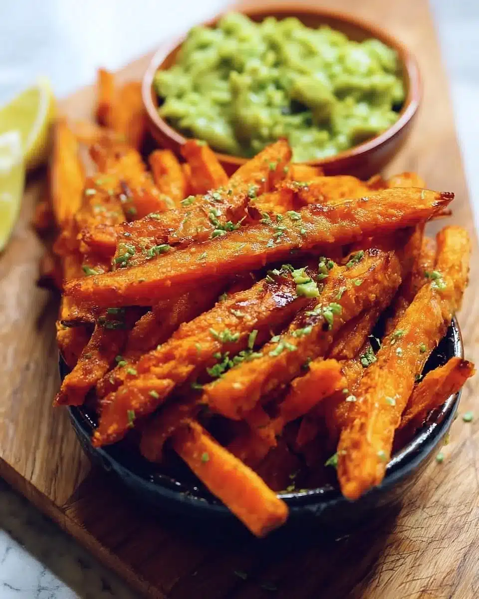 Crispy sweet potato fries served with a side of creamy guacamole