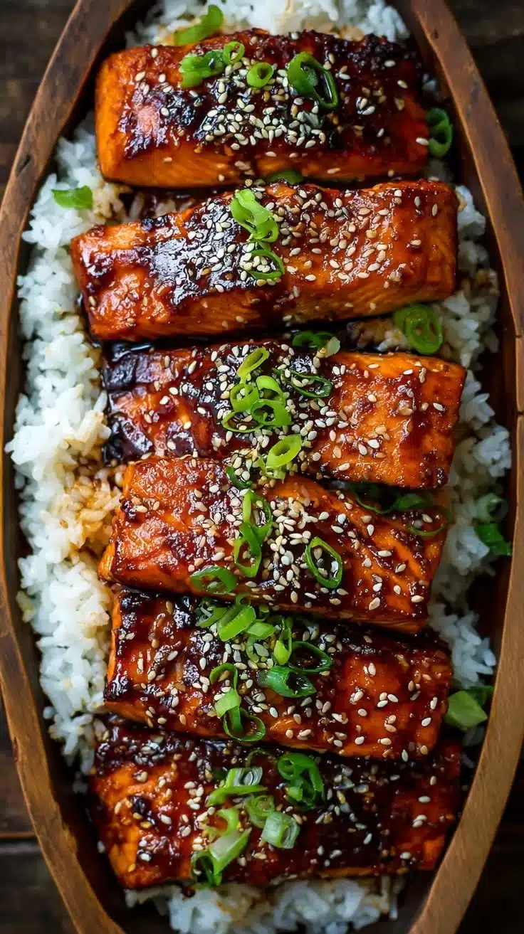 Delicious teriyaki salmon bowl with vegetables and rice