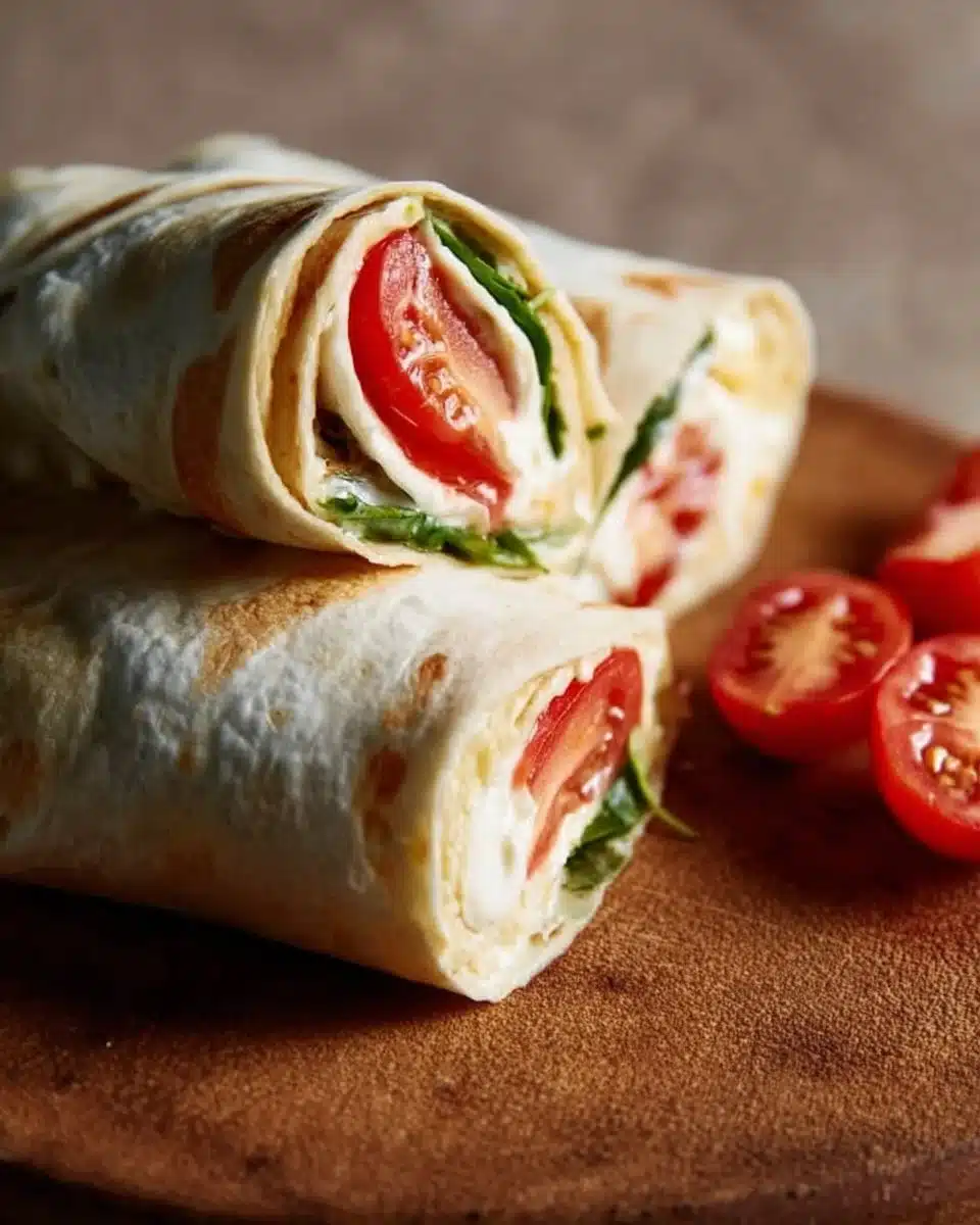 Delicious vegetarian tomato mozzarella wrap with fresh ingredients