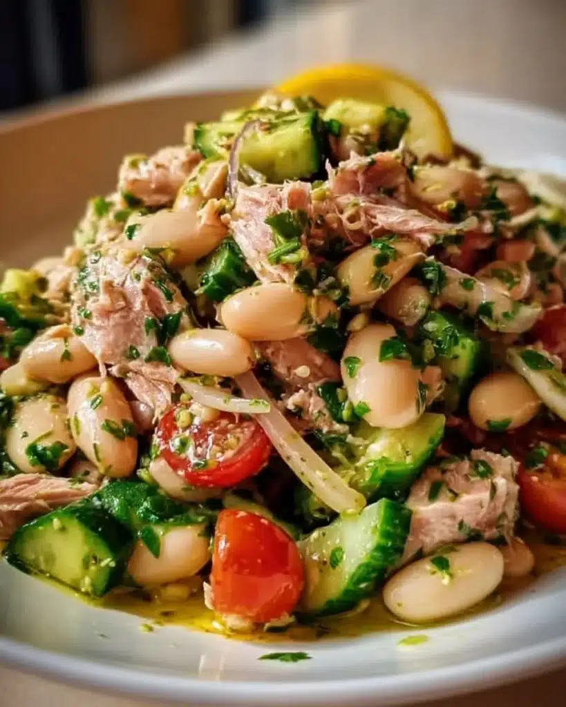 Tuna salad with white beans and lemon Dijon dressing on a plate