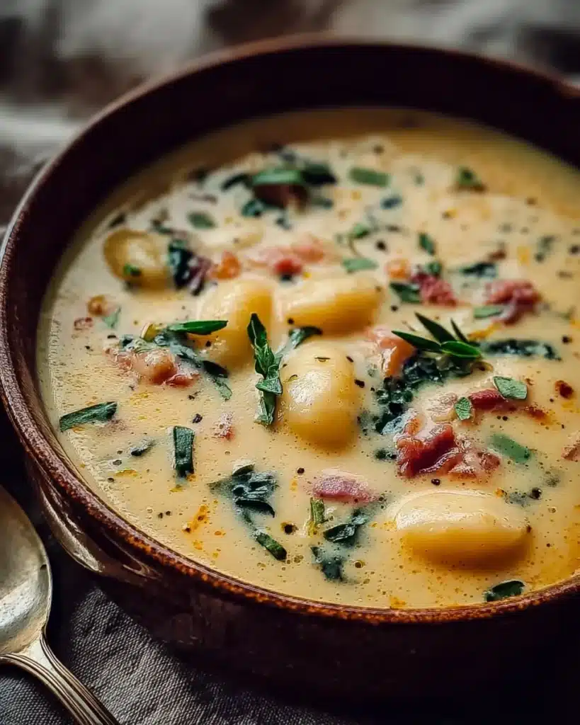 Bowl of Turkey Cheddar Gnocchi Soup with fresh herbs and cheese