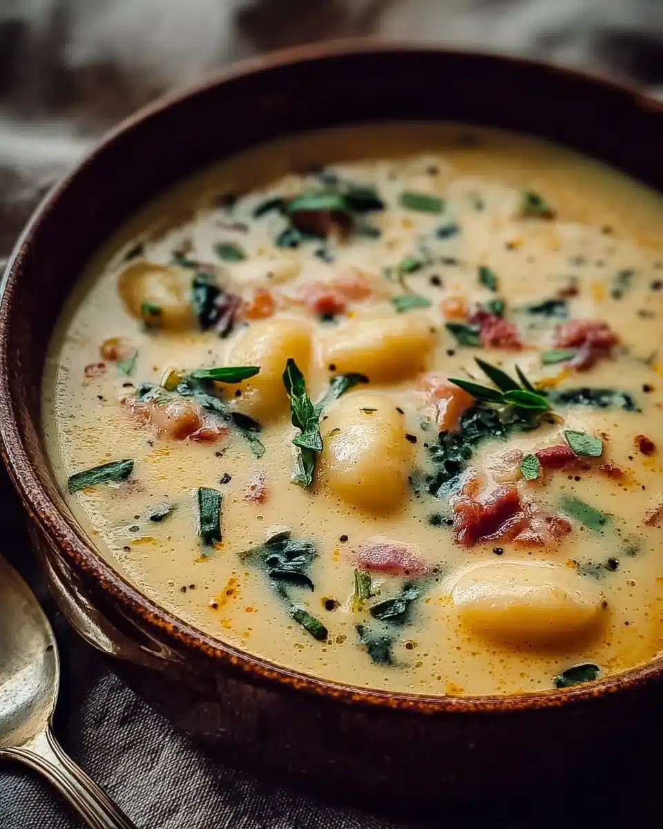 Bowl of Turkey Cheddar Gnocchi Soup with fresh herbs and cheese