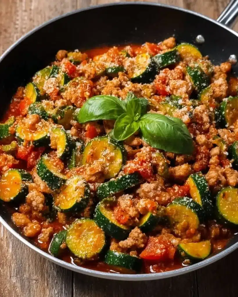 Delicious turkey zucchini skillet dish served in a frying pan