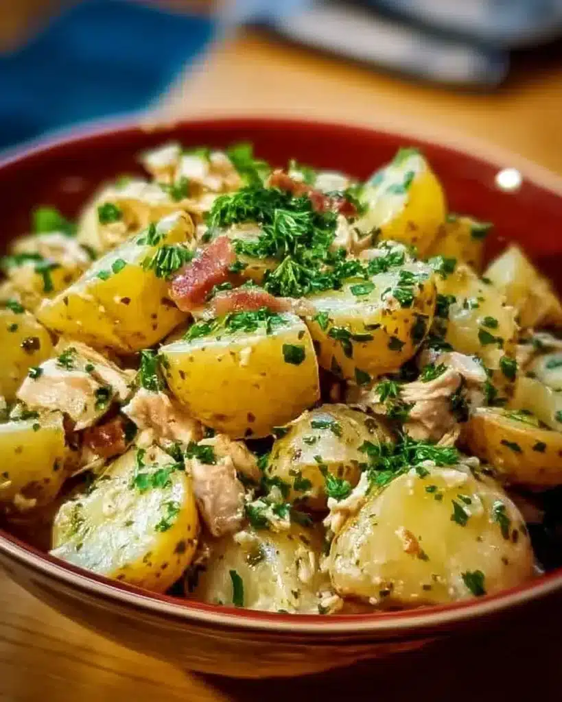 Warm potato salad with turkey, Dijon vinaigrette, and fresh herbs in a bowl.